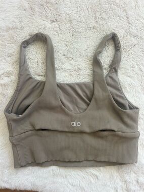 ALO Yoga Ribbed Sports Bra with cut outs in Taupe Brown color size medium